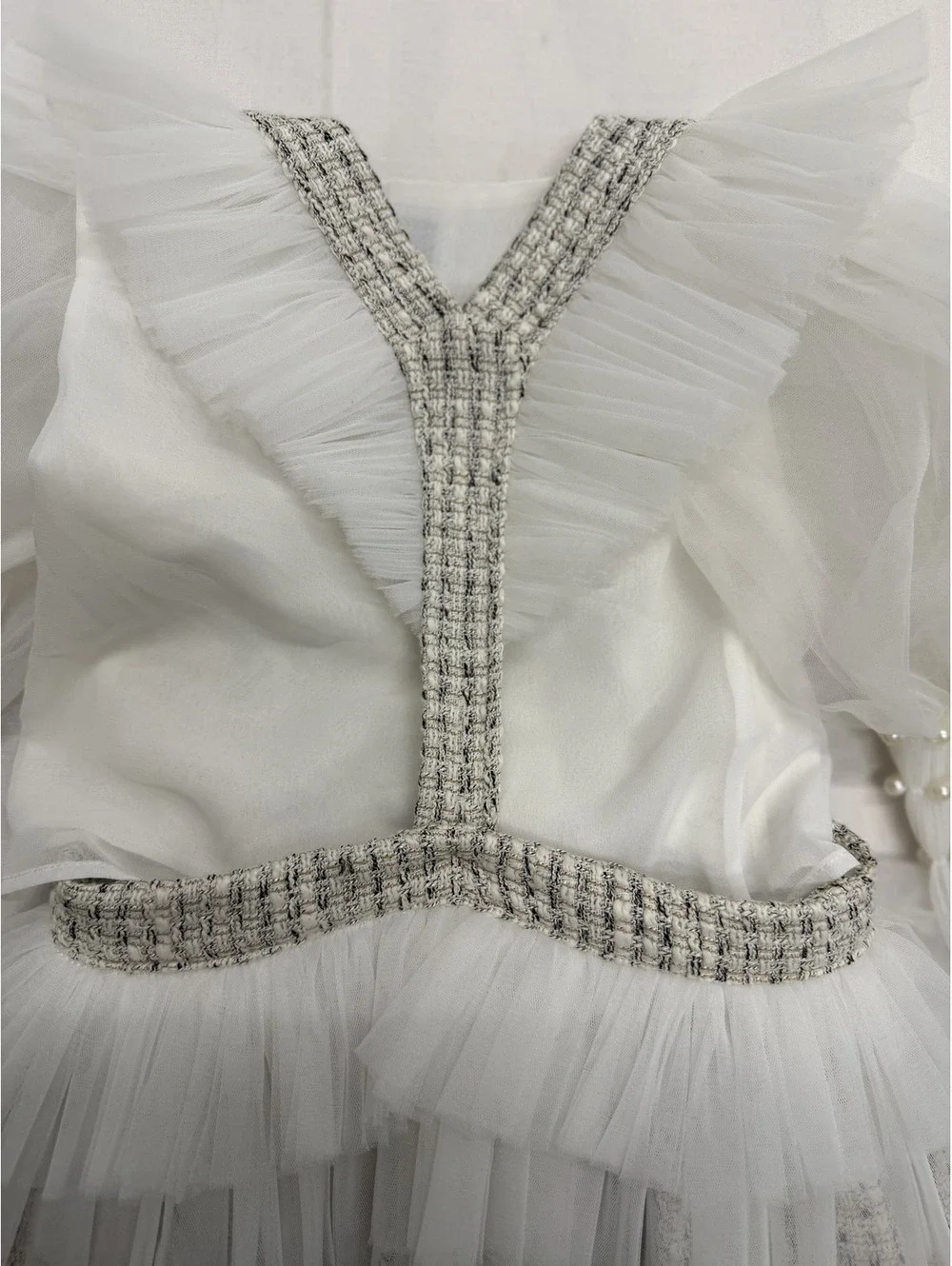 Petite Maison Kids White Tulle and Tweed Dress with Pearl Details and Black Bow